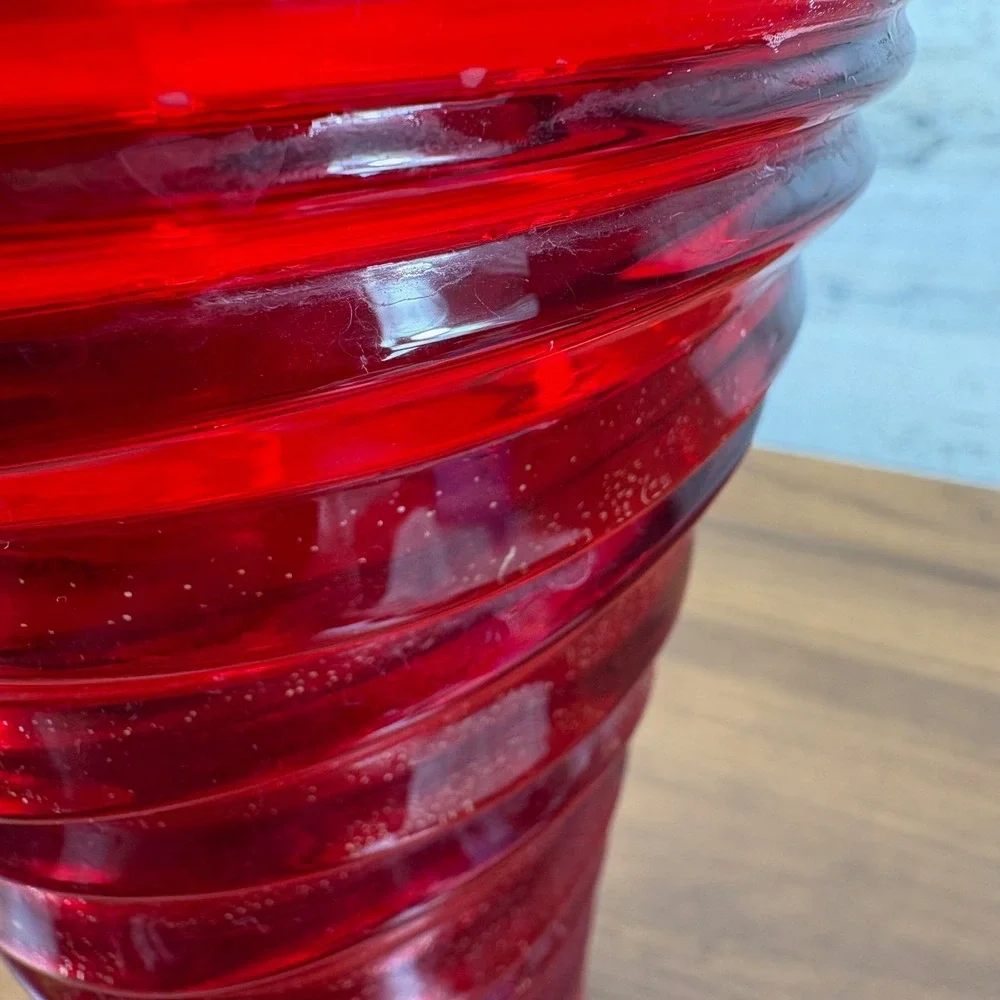 FTD Ruby Red‎ Ribbon Spiral Swirl Glass Vase, Vintage, 9